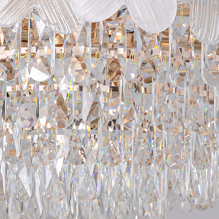 Traditional French Iron Crystal And Glass Frosted Floral Oval 10/12-Light Chandelier Island Light Ideal For Dining Room