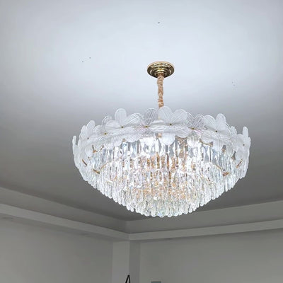 Traditional French Crystal Glass Iron Frosted Floral 8/10/12/21/25-Light Chandelier Ideal For Bedroom And Dining Room