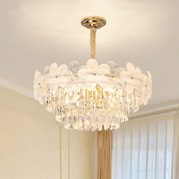 Traditional French Crystal Glass Iron Frosted Floral 8/10/12/21/25-Light Chandelier Ideal For Bedroom And Dining Room