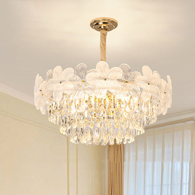 Traditional French Crystal Glass Iron Frosted Floral 8/10/12/21/25-Light Chandelier Ideal For Bedroom And Dining Room