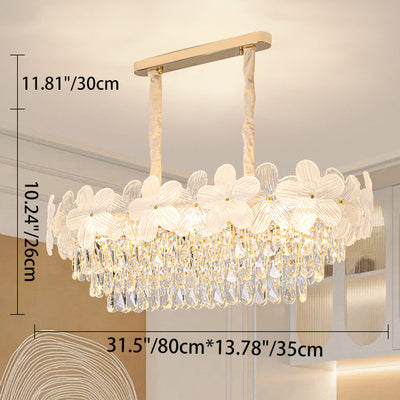 Traditional French Iron Crystal And Glass Frosted Floral Oval 10/12-Light Chandelier Island Light Ideal For Dining Room