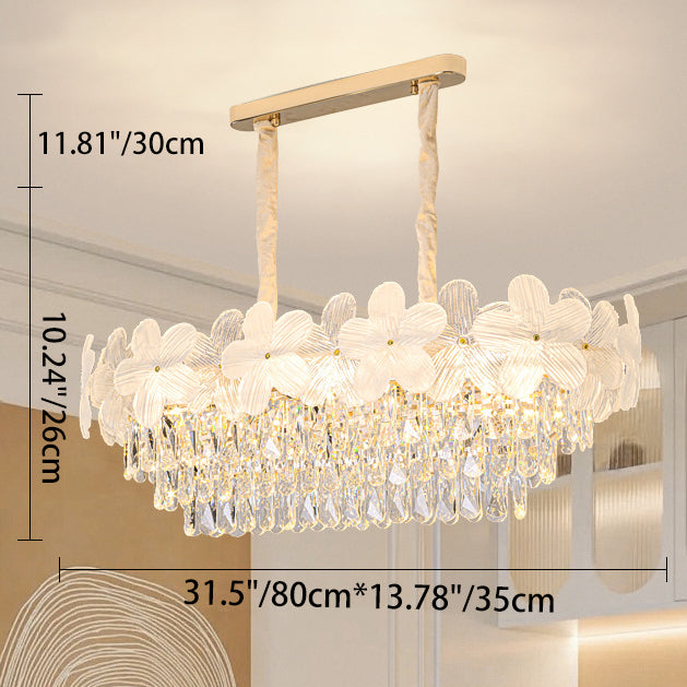 Traditional French Iron Crystal And Glass Frosted Floral Oval 10/12-Light Chandelier Island Light Ideal For Dining Room