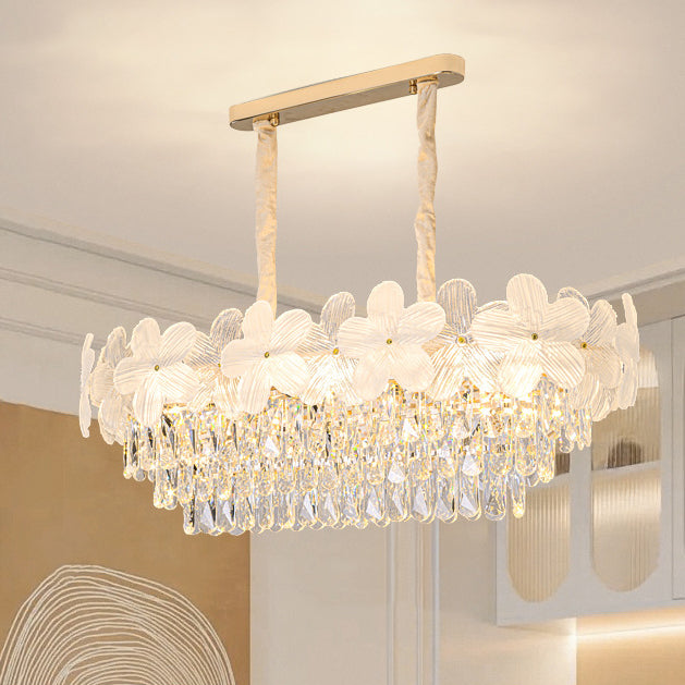 Traditional French Iron Crystal And Glass Frosted Floral Oval 10/12-Light Chandelier Island Light Ideal For Dining Room