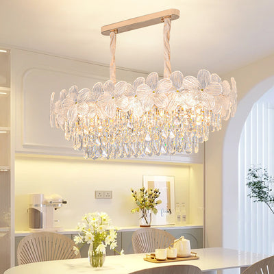 Traditional French Iron Crystal And Glass Frosted Floral Oval 10/12-Light Chandelier Island Light Ideal For Dining Room