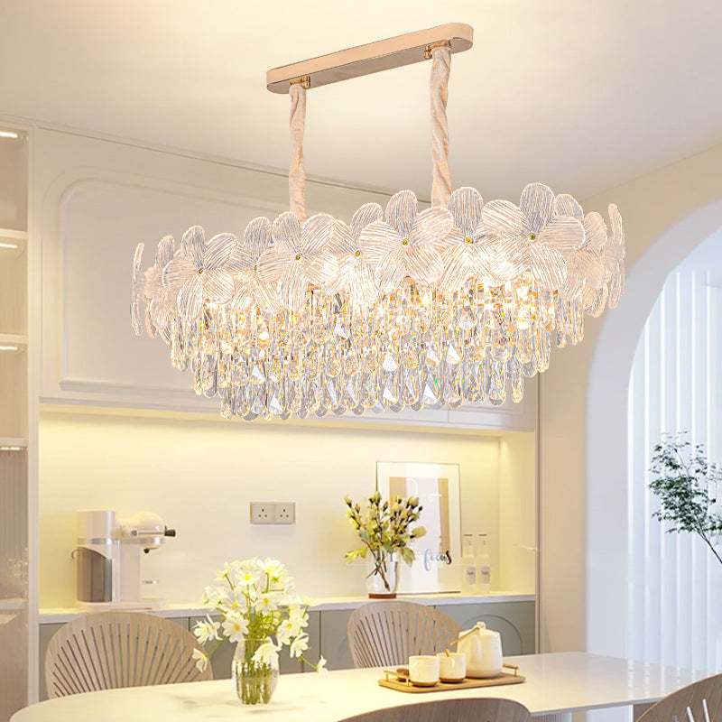 Traditional French Iron Crystal And Glass Frosted Floral Oval 10/12-Light Chandelier Island Light Ideal For Dining Room