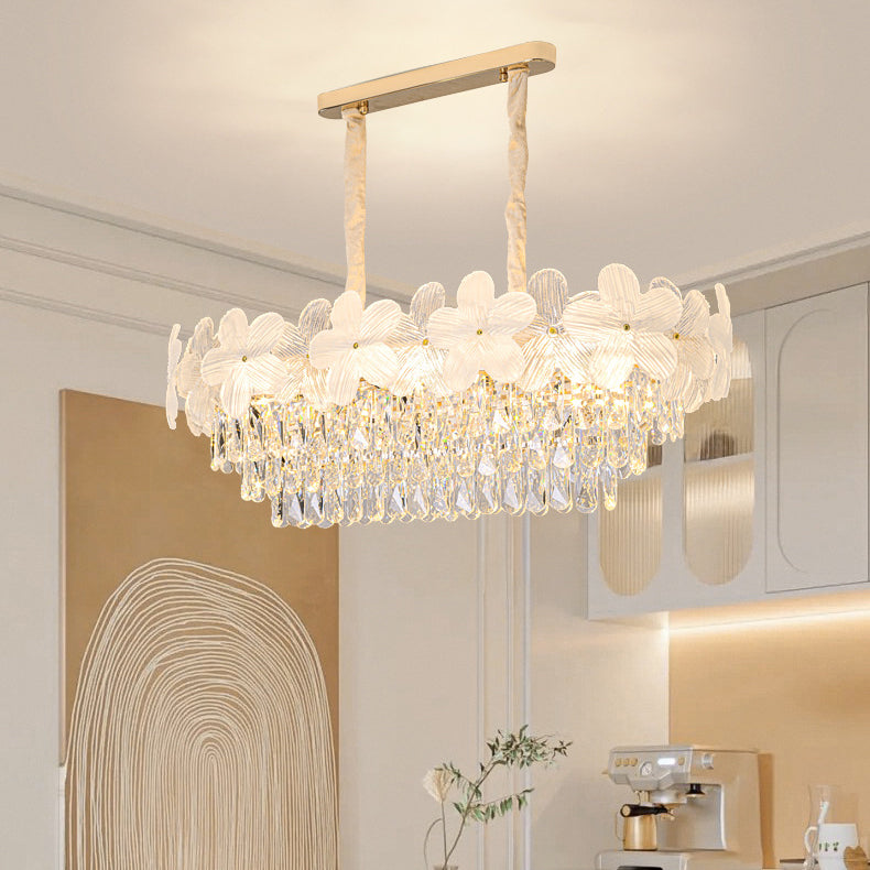 Traditional French Iron Crystal And Glass Frosted Floral Oval 10/12-Light Chandelier Island Light Ideal For Dining Room