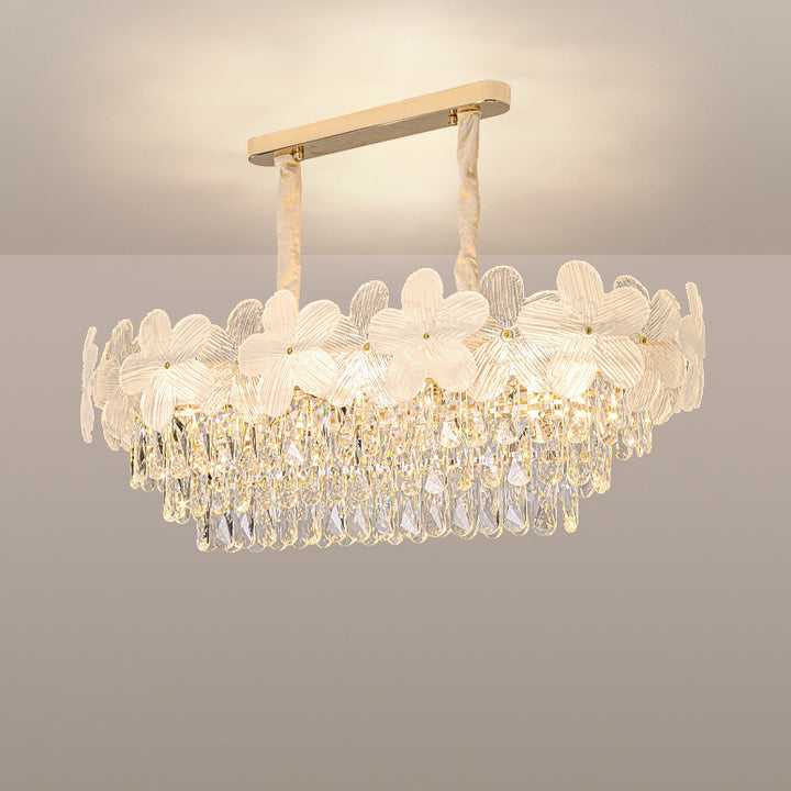 Traditioneller französischer Eisenkristall und Glas gefrosteter Blumenoval 10/12-Licht Kronleuchter Insellicht ideal für das Esszimmer 