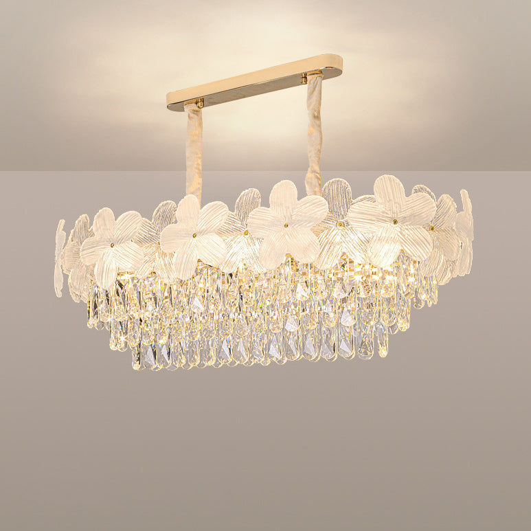 Traditional French Iron Crystal And Glass Frosted Floral Oval 10/12-Light Chandelier Island Light Ideal For Dining Room