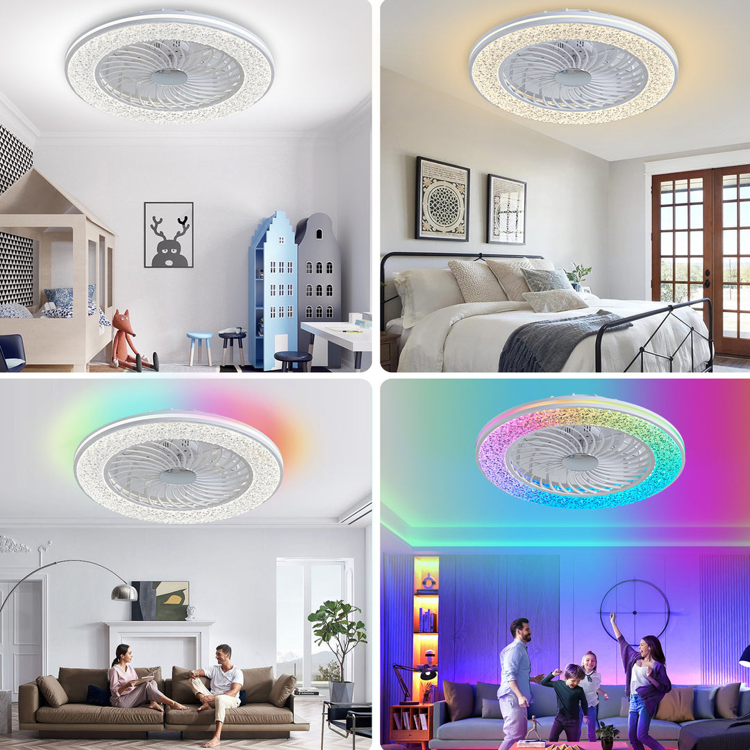 Ventilateur de plafond moderne minimaliste en ABS et acrylique rond avec lumière LED semi-encastrée pour chambre et salon 