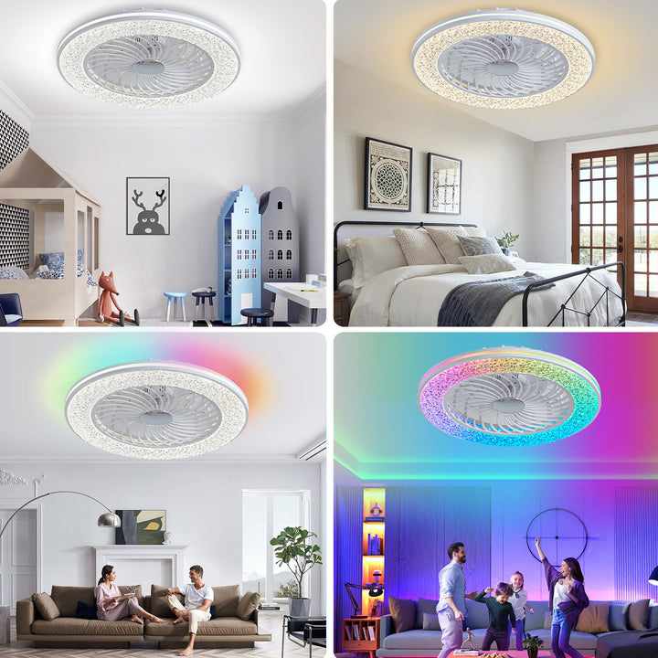 Ventilateur de plafond moderne minimaliste en ABS et acrylique rond avec lumière LED semi-encastrée pour chambre et salon 