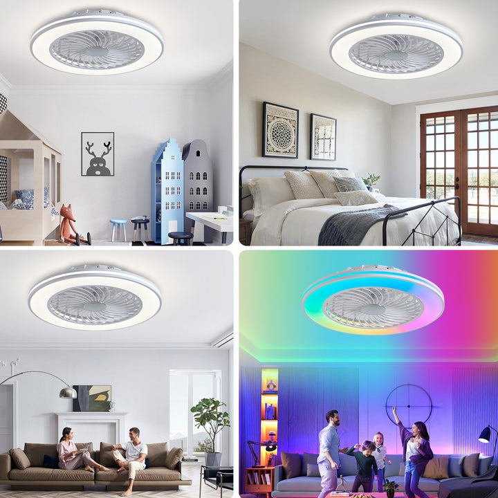 Ventilateur de plafond moderne minimaliste en ABS et acrylique rond avec lumière LED semi-encastrée pour chambre et salon 