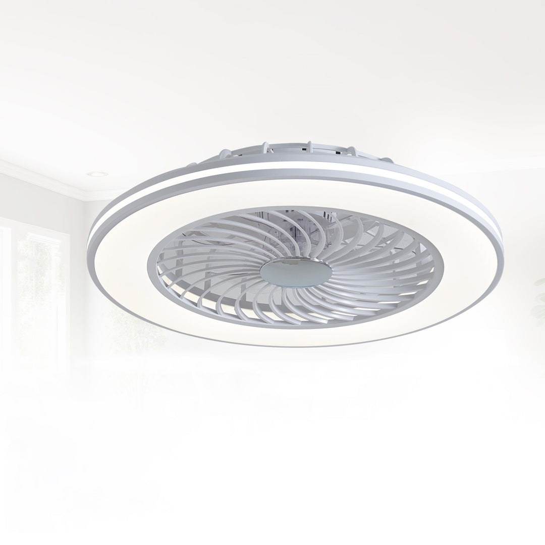 Ventilateur de plafond moderne minimaliste en ABS et acrylique rond avec lumière LED semi-encastrée pour chambre et salon 