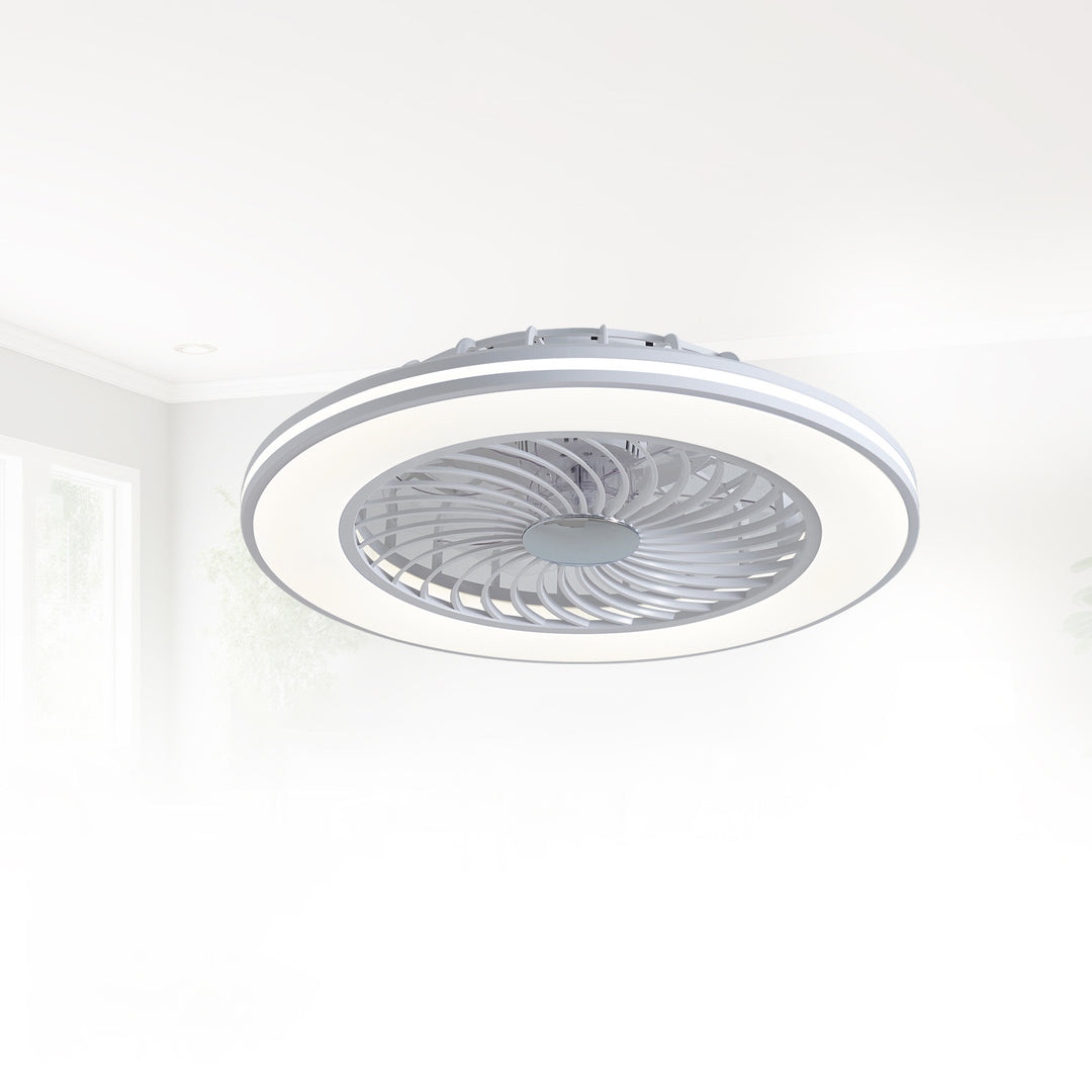 Ventilateur de plafond moderne minimaliste en ABS et acrylique rond avec lumière LED semi-encastrée pour chambre et salon 