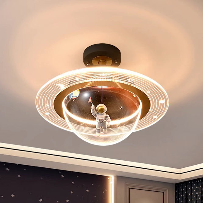 Contemporary Creative Kids Iron Resin & Acrylic Astronaut Globe LED Semi-Flush Mount Ceiling Light For Bedroom