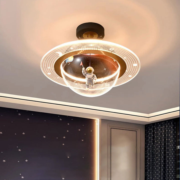 Contemporary Creative Kids Iron Resin &amp; Acrylic Astronaut Globe LED Semi-Flush Mount Ceiling Light For Bedroom