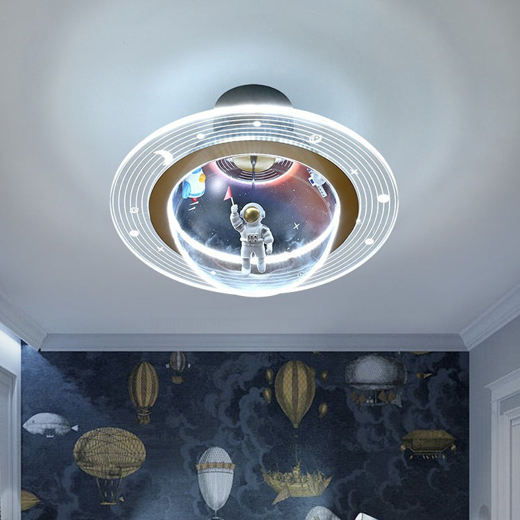Contemporary Creative Kids Iron Resin &amp; Acrylic Astronaut Globe LED Semi-Flush Mount Ceiling Light For Bedroom