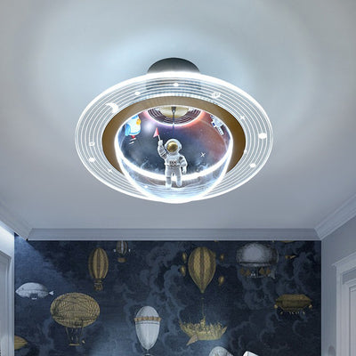 Contemporary Creative Kids Iron Resin & Acrylic Astronaut Globe LED Semi-Flush Mount Ceiling Light For Bedroom