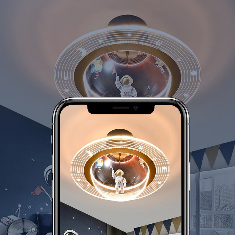 Contemporary Creative Kids Iron Resin & Acrylic Astronaut Globe LED Semi-Flush Mount Ceiling Light For Bedroom