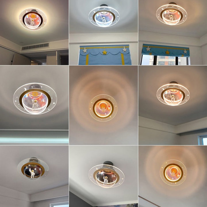 Contemporary Creative Kids Iron Resin &amp; Acrylic Astronaut Globe LED Semi-Flush Mount Ceiling Light For Bedroom