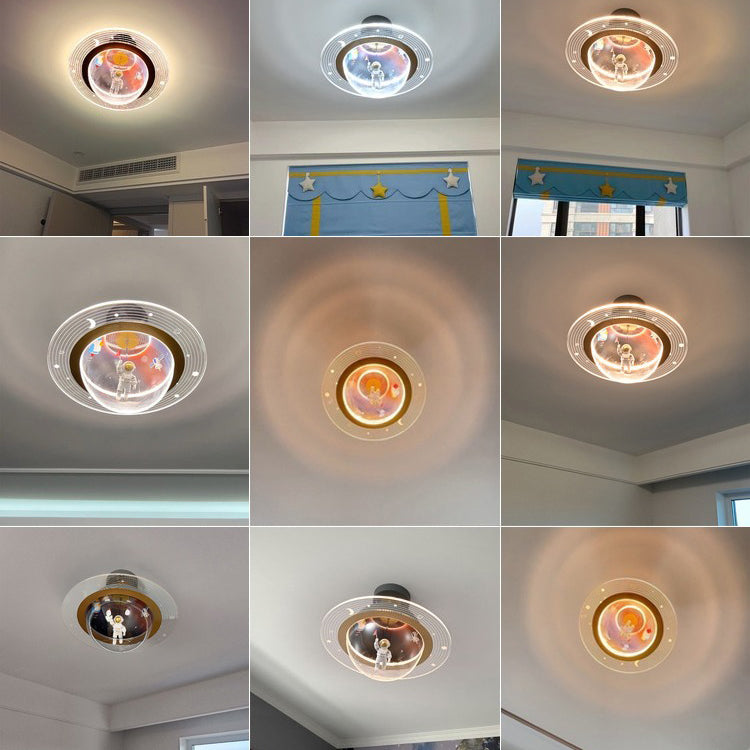 Contemporary Creative Kids Iron Resin & Acrylic Astronaut Globe LED Semi-Flush Mount Ceiling Light For Bedroom