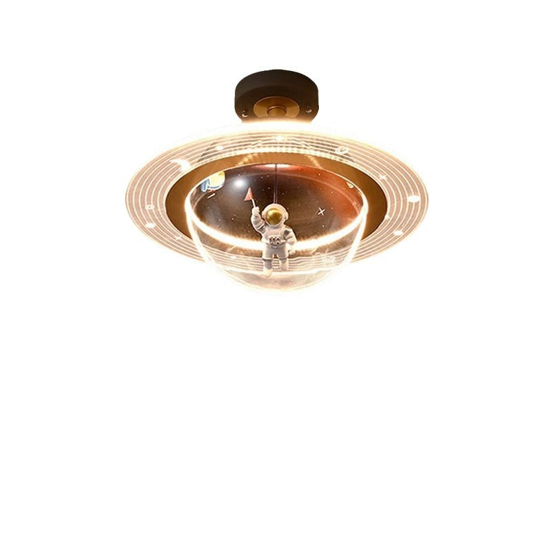 Contemporary Creative Kids Iron Resin & Acrylic Astronaut Globe LED Semi-Flush Mount Ceiling Light For Bedroom