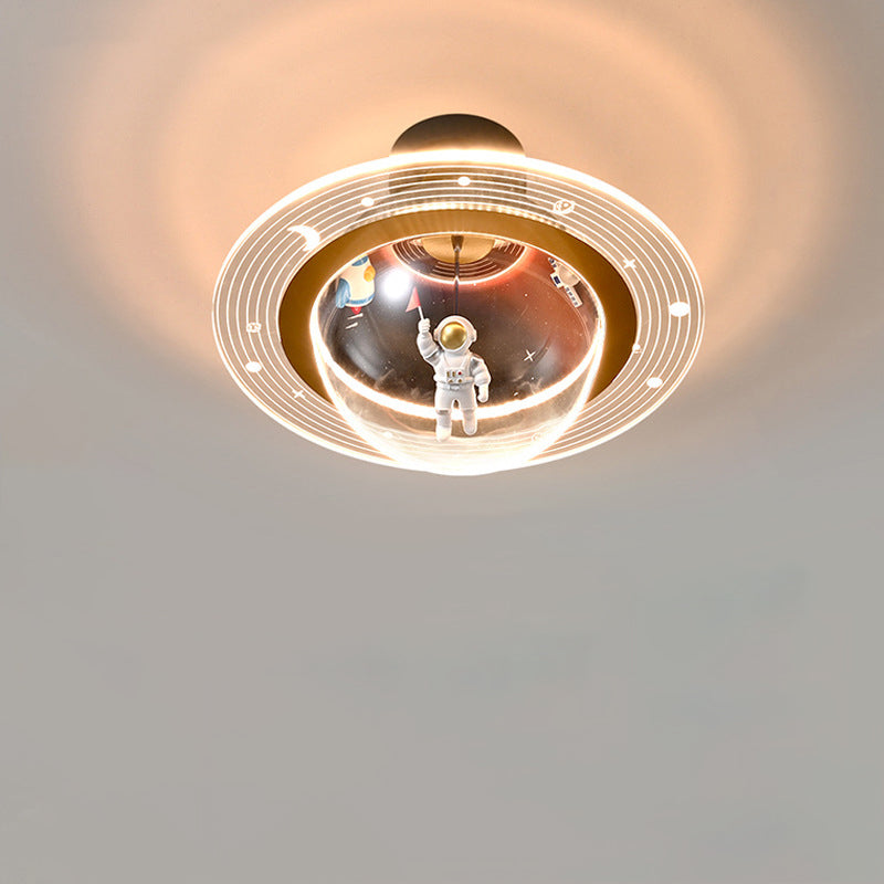 Contemporary Creative Kids Iron Resin & Acrylic Astronaut Globe LED Semi-Flush Mount Ceiling Light For Bedroom