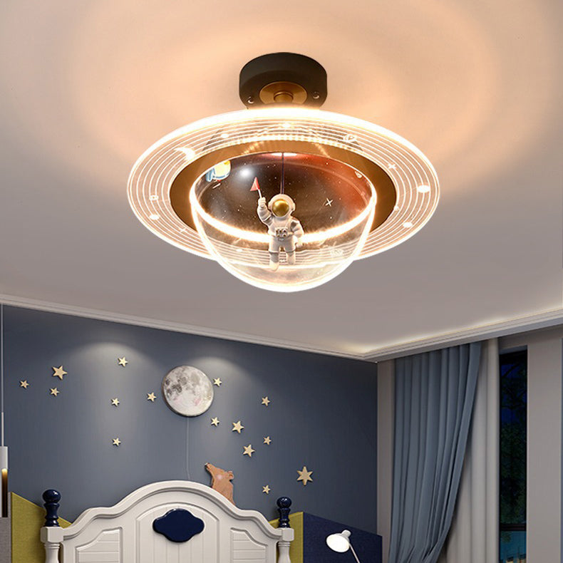 Contemporary Creative Kids Iron Resin & Acrylic Astronaut Globe LED Semi-Flush Mount Ceiling Light For Bedroom