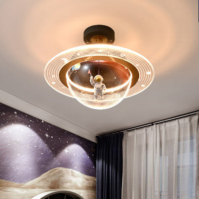Contemporary Creative Kids Iron Resin & Acrylic Astronaut Globe LED Semi-Flush Mount Ceiling Light For Bedroom