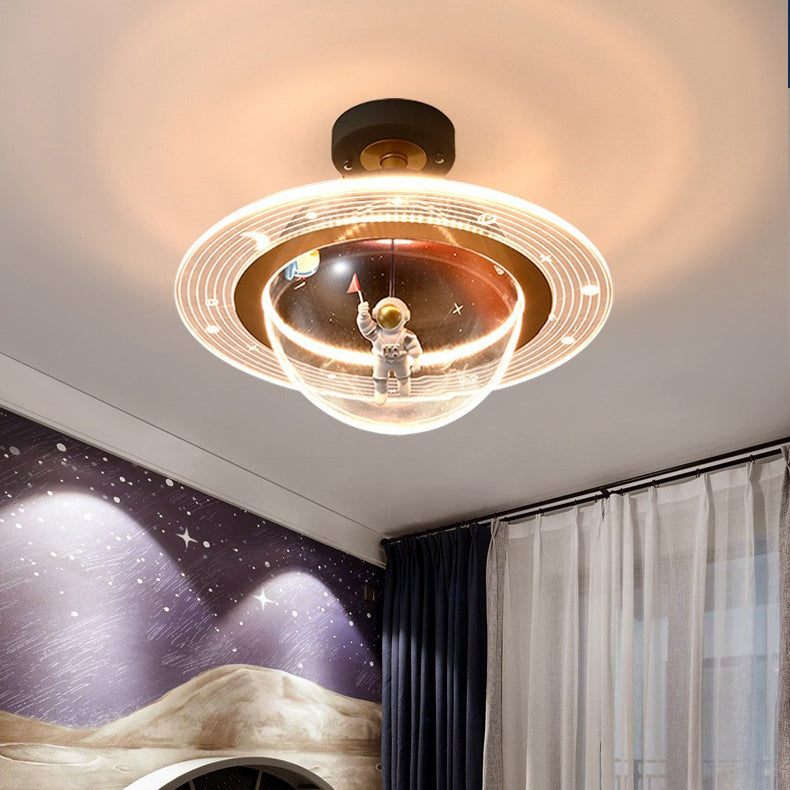 Contemporary Creative Kids Iron Resin & Acrylic Astronaut Globe LED Semi-Flush Mount Ceiling Light For Bedroom