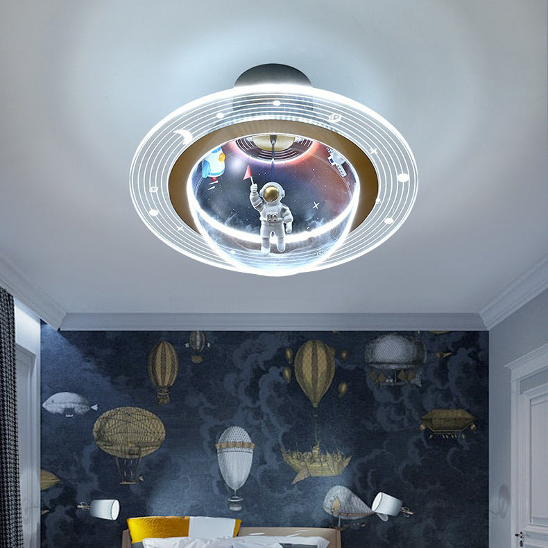 Contemporary Creative Kids Iron Resin & Acrylic Astronaut Globe LED Semi-Flush Mount Ceiling Light For Bedroom