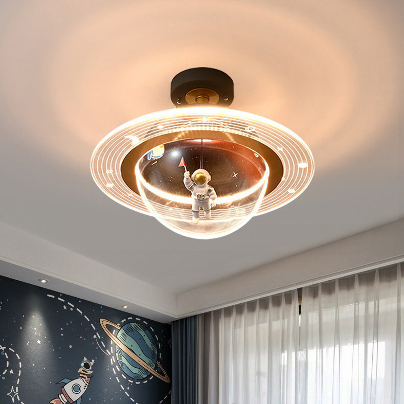 Contemporary Creative Kids Iron Resin & Acrylic Astronaut Globe LED Semi-Flush Mount Ceiling Light For Bedroom