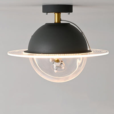 Contemporary Creative Kids Iron Resin & Acrylic Astronaut Globe LED Semi-Flush Mount Ceiling Light For Bedroom