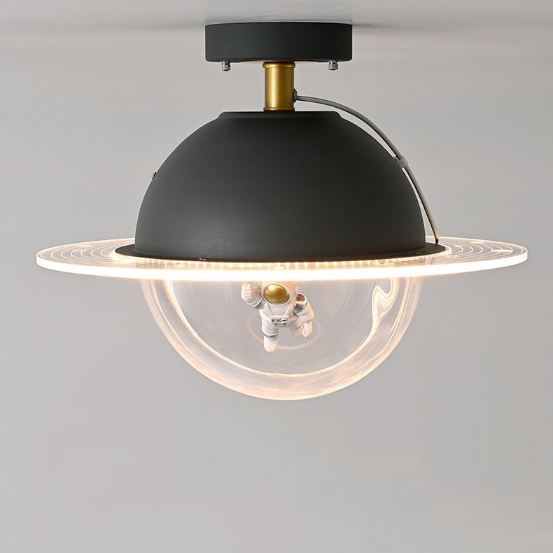 Contemporary Creative Kids Iron Resin & Acrylic Astronaut Globe LED Semi-Flush Mount Ceiling Light For Bedroom