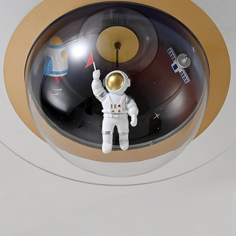 Contemporary Creative Kids Iron Resin & Acrylic Astronaut Globe LED Semi-Flush Mount Ceiling Light For Bedroom