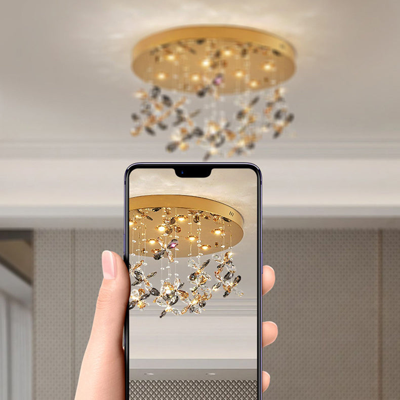 Modern Luxury Stainless Steel &amp; Crystal Butterfly Round LED Flush Mount Ceiling Light For Living Room &amp; Bedroom