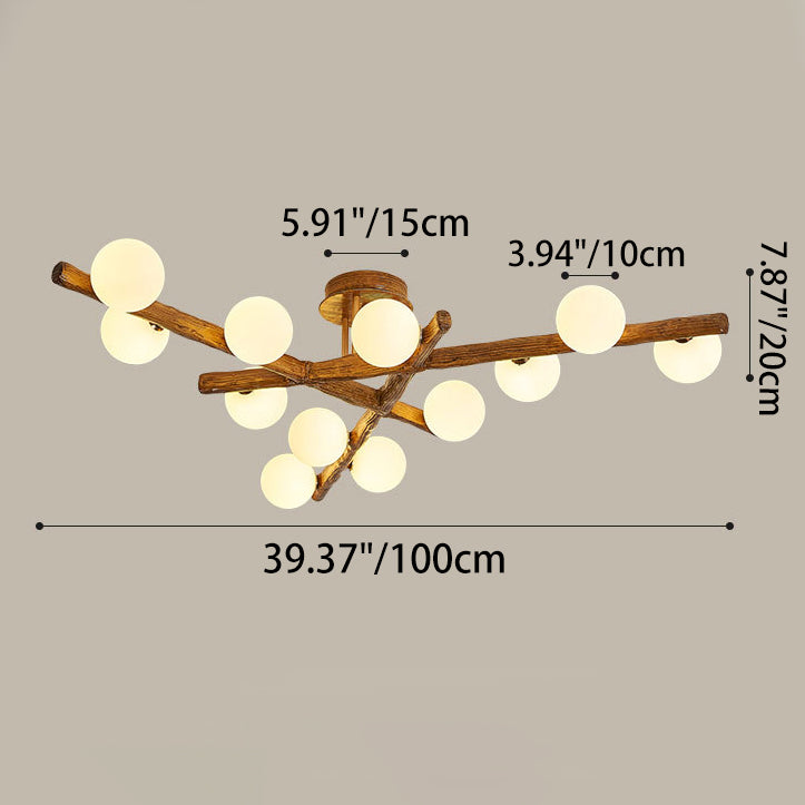 Traditional Farmhouse Acrylic Metal & Resin Branch Frosted Ball 3/6/9/12/15-Light Semi-Flush Mount Ceiling Light For Living Room & Bedroom