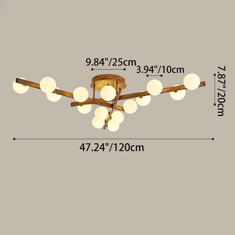 Traditional Farmhouse Acrylic Metal & Resin Branch Frosted Ball 3/6/9/12/15-Light Semi-Flush Mount Ceiling Light For Living Room & Bedroom