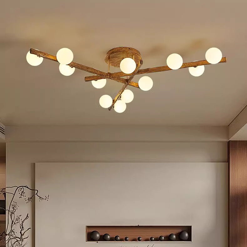 Traditional Farmhouse Acrylic Metal & Resin Branch Frosted Ball 3/6/9/12/15-Light Semi-Flush Mount Ceiling Light For Living Room & Bedroom