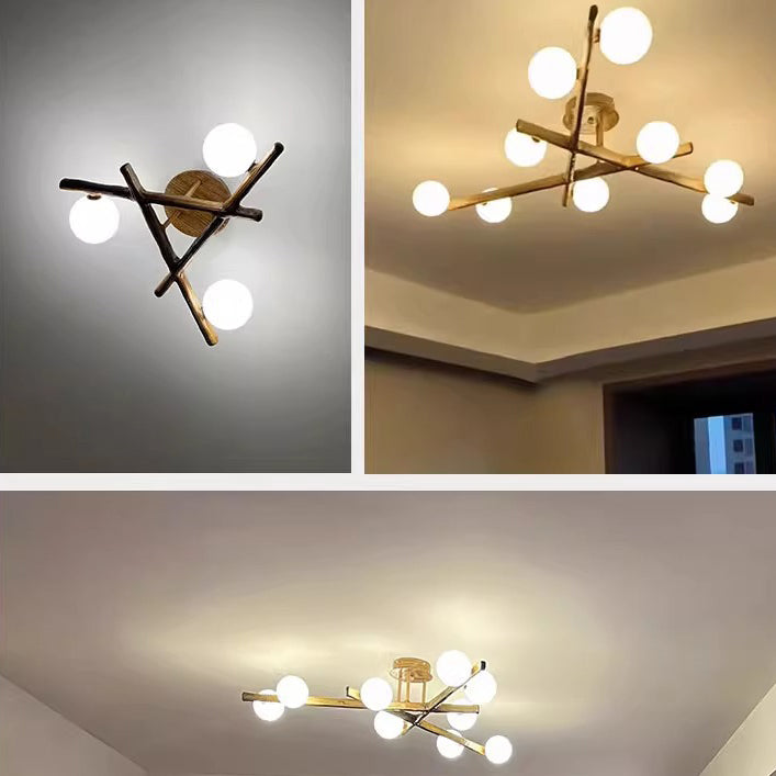 Traditional Farmhouse Acrylic Metal & Resin Branch Frosted Ball 3/6/9/12/15-Light Semi-Flush Mount Ceiling Light For Living Room & Bedroom