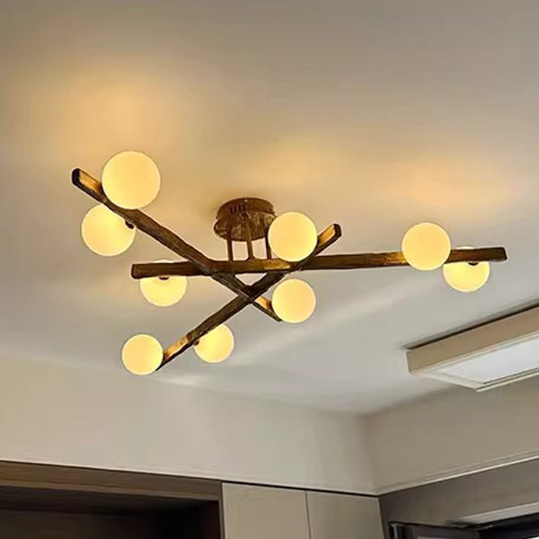 Traditional Farmhouse Acrylic Metal & Resin Branch Frosted Ball 3/6/9/12/15-Light Semi-Flush Mount Ceiling Light For Living Room & Bedroom