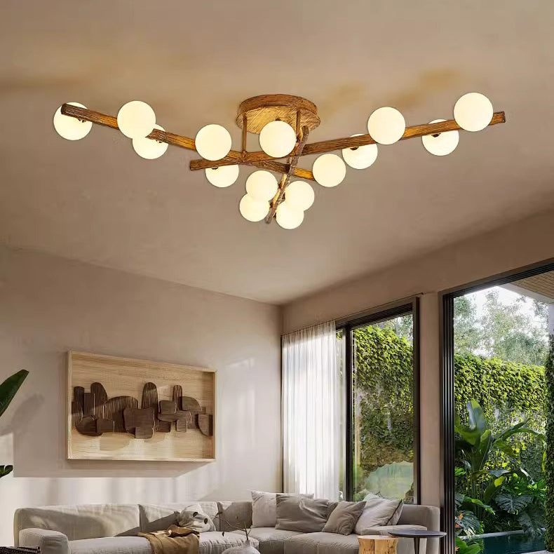 Traditional Farmhouse Acrylic Metal & Resin Branch Frosted Ball 3/6/9/12/15-Light Semi-Flush Mount Ceiling Light For Living Room & Bedroom