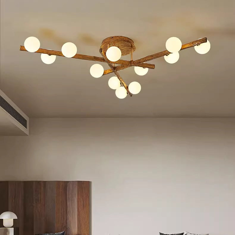 Traditional Farmhouse Acrylic Metal & Resin Branch Frosted Ball 3/6/9/12/15-Light Semi-Flush Mount Ceiling Light For Living Room & Bedroom