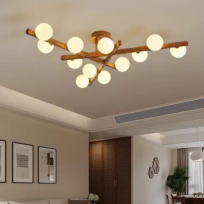 Traditional Farmhouse Acrylic Metal & Resin Branch Frosted Ball 3/6/9/12/15-Light Semi-Flush Mount Ceiling Light For Living Room & Bedroom