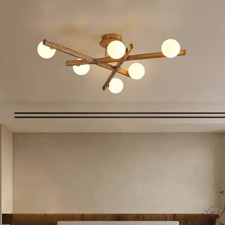 Traditional Farmhouse Acrylic Metal & Resin Branch Frosted Ball 3/6/9/12/15-Light Semi-Flush Mount Ceiling Light For Living Room & Bedroom