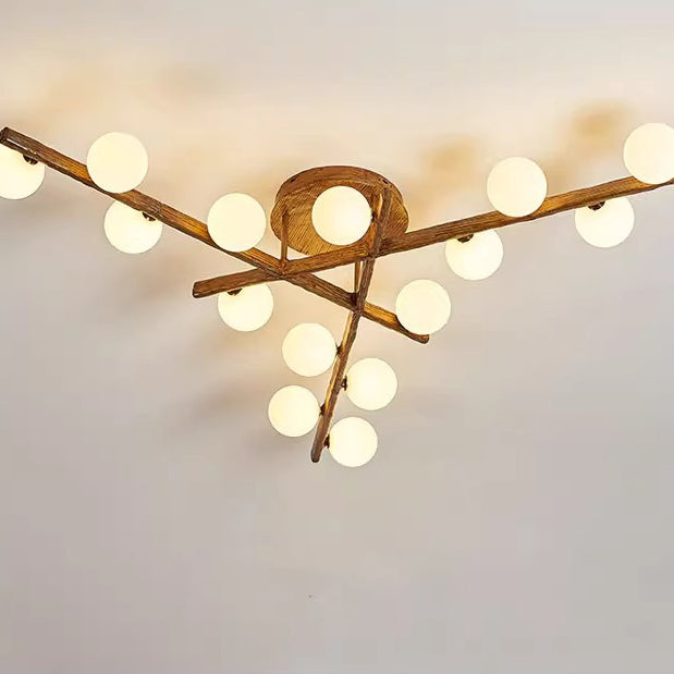 Traditional Farmhouse Acrylic Metal & Resin Branch Frosted Ball 3/6/9/12/15-Light Semi-Flush Mount Ceiling Light For Living Room & Bedroom