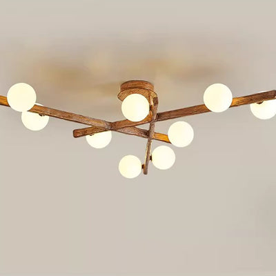 Traditional Farmhouse Acrylic Metal & Resin Branch Frosted Ball 3/6/9/12/15-Light Semi-Flush Mount Ceiling Light For Living Room & Bedroom