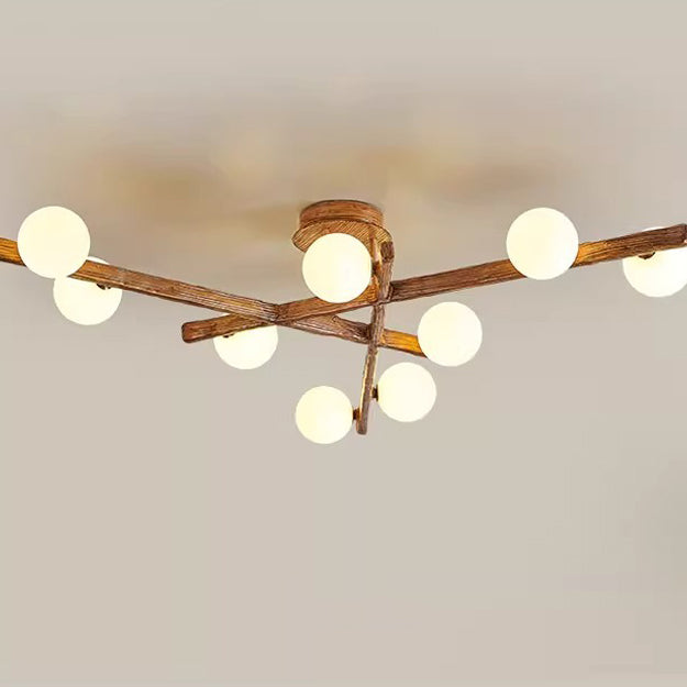 Traditional Farmhouse Acrylic Metal & Resin Branch Frosted Ball 3/6/9/12/15-Light Semi-Flush Mount Ceiling Light For Living Room & Bedroom