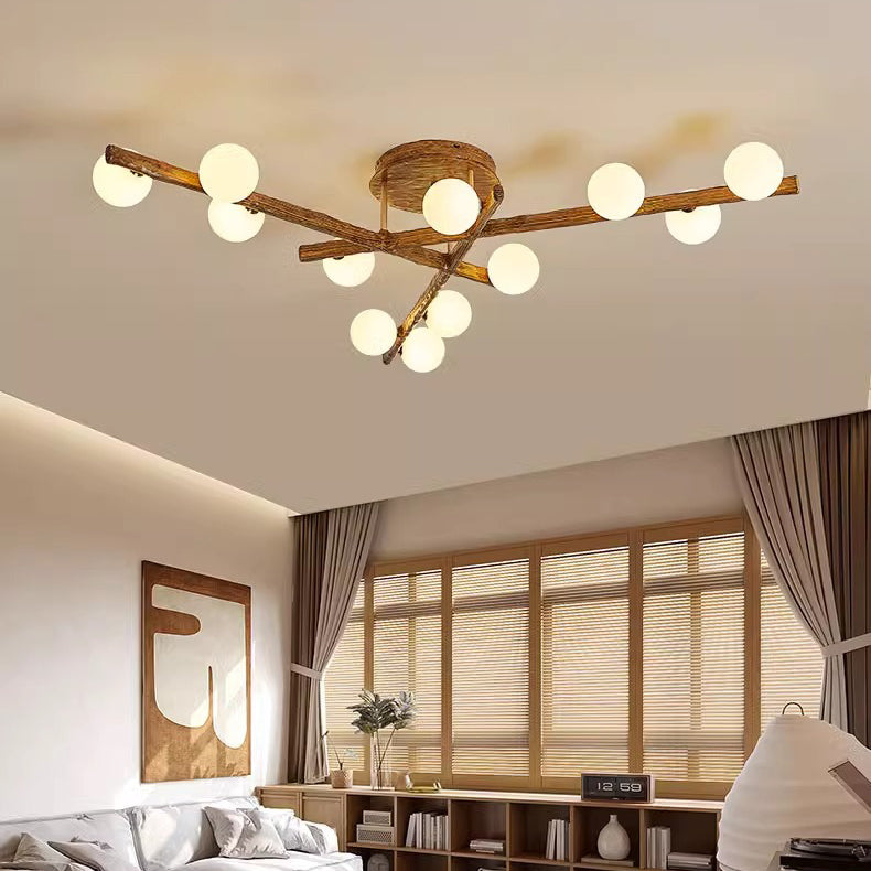 Traditional Farmhouse Acrylic Metal & Resin Branch Frosted Ball 3/6/9/12/15-Light Semi-Flush Mount Ceiling Light For Living Room & Bedroom