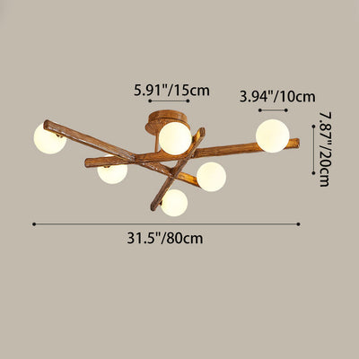 Traditional Farmhouse Acrylic Metal & Resin Branch Frosted Ball 3/6/9/12/15-Light Semi-Flush Mount Ceiling Light For Living Room & Bedroom