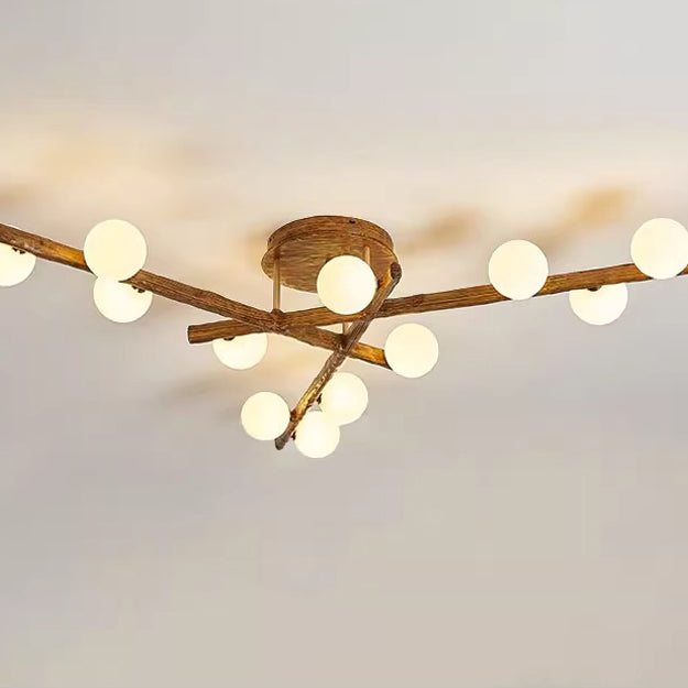 Traditional Farmhouse Acrylic Metal & Resin Branch Frosted Ball 3/6/9/12/15-Light Semi-Flush Mount Ceiling Light For Living Room & Bedroom